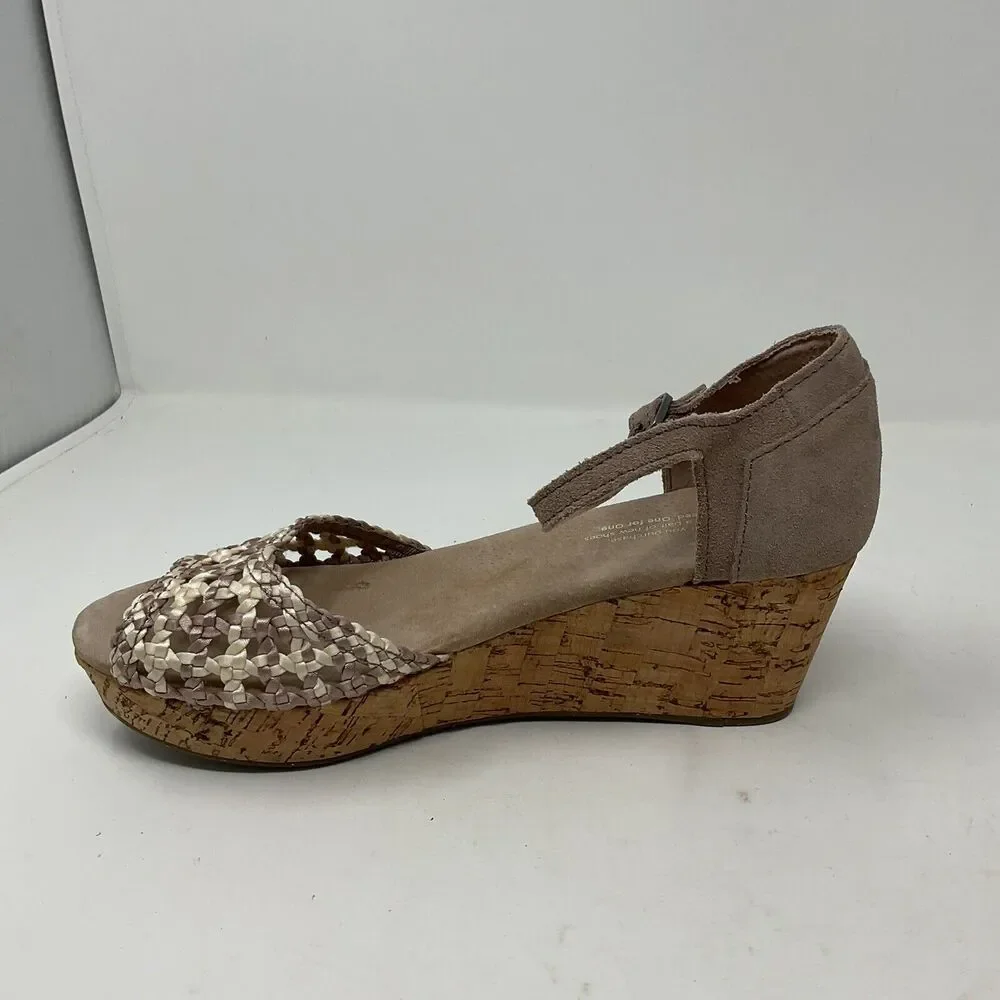 Toms Wedge Sandals‎ 7.5 Beige Tan Strappy Open Toe Shoes Ankle Strap Cork Heel